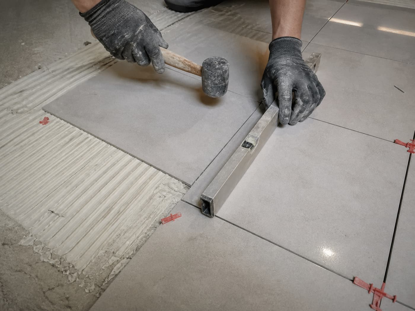 Floor tiling being laid and levelled in a mall common area.