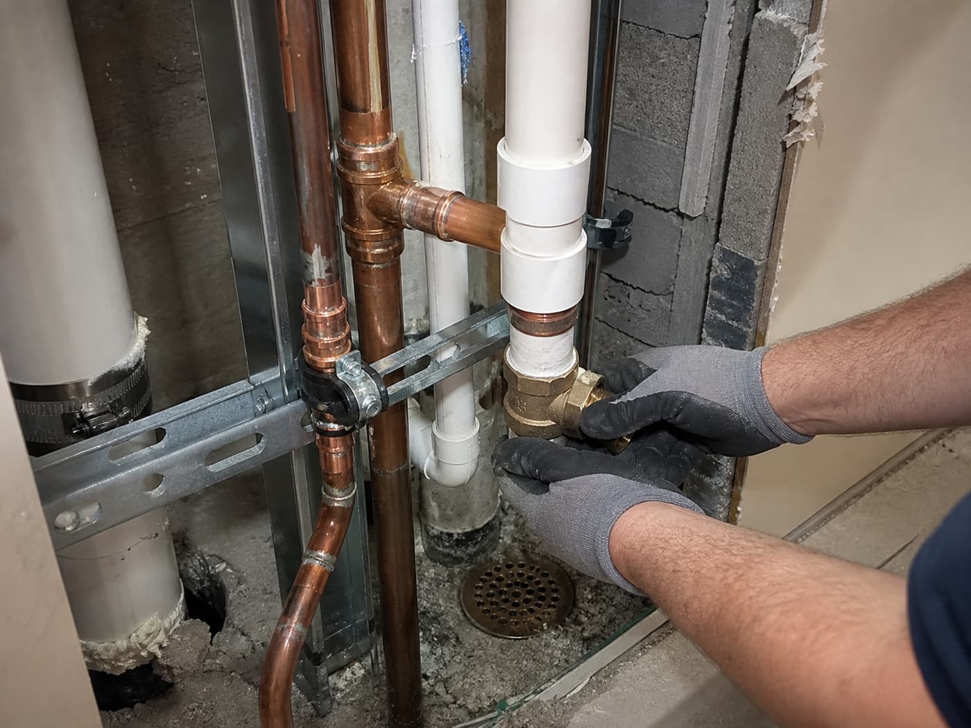 Plumbing installation work to a sanitary riser in a commercial building.
