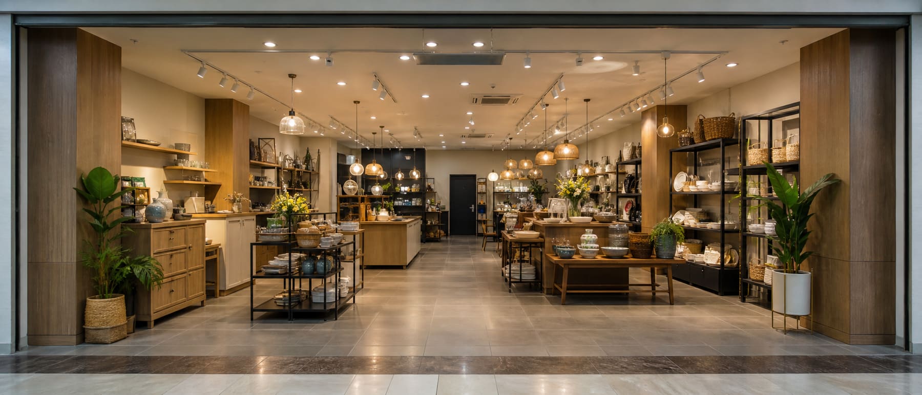 A fully fitted shopping mall retail unit with decorative lighting, furniture, shelving and displays, before tenancy restoration.
