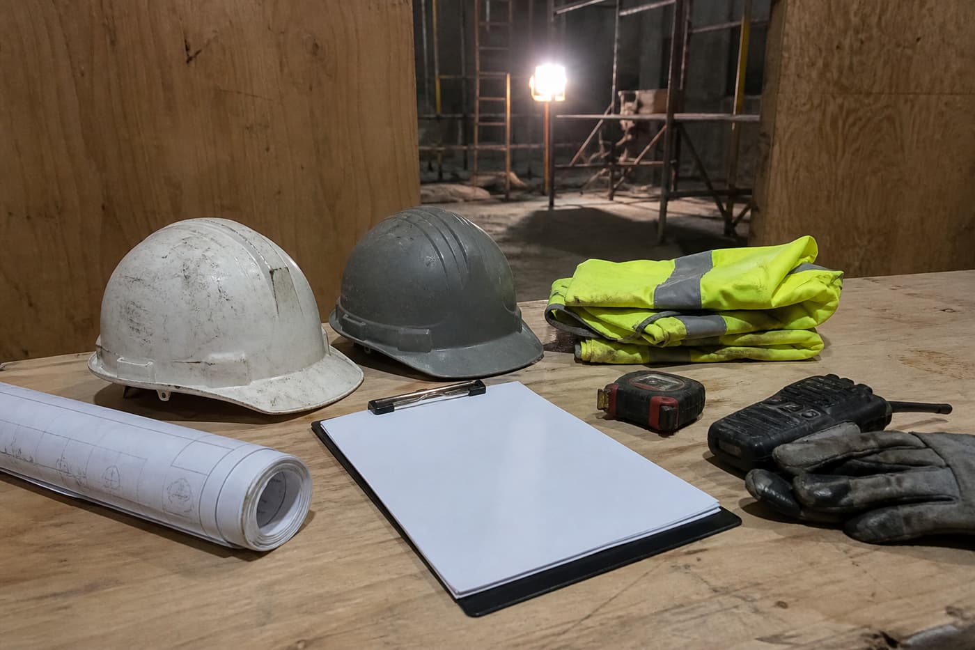 Site coordination kit — hard hats, high-visibility vests, rolled plans, a two-way radio and safety gloves on a site table.